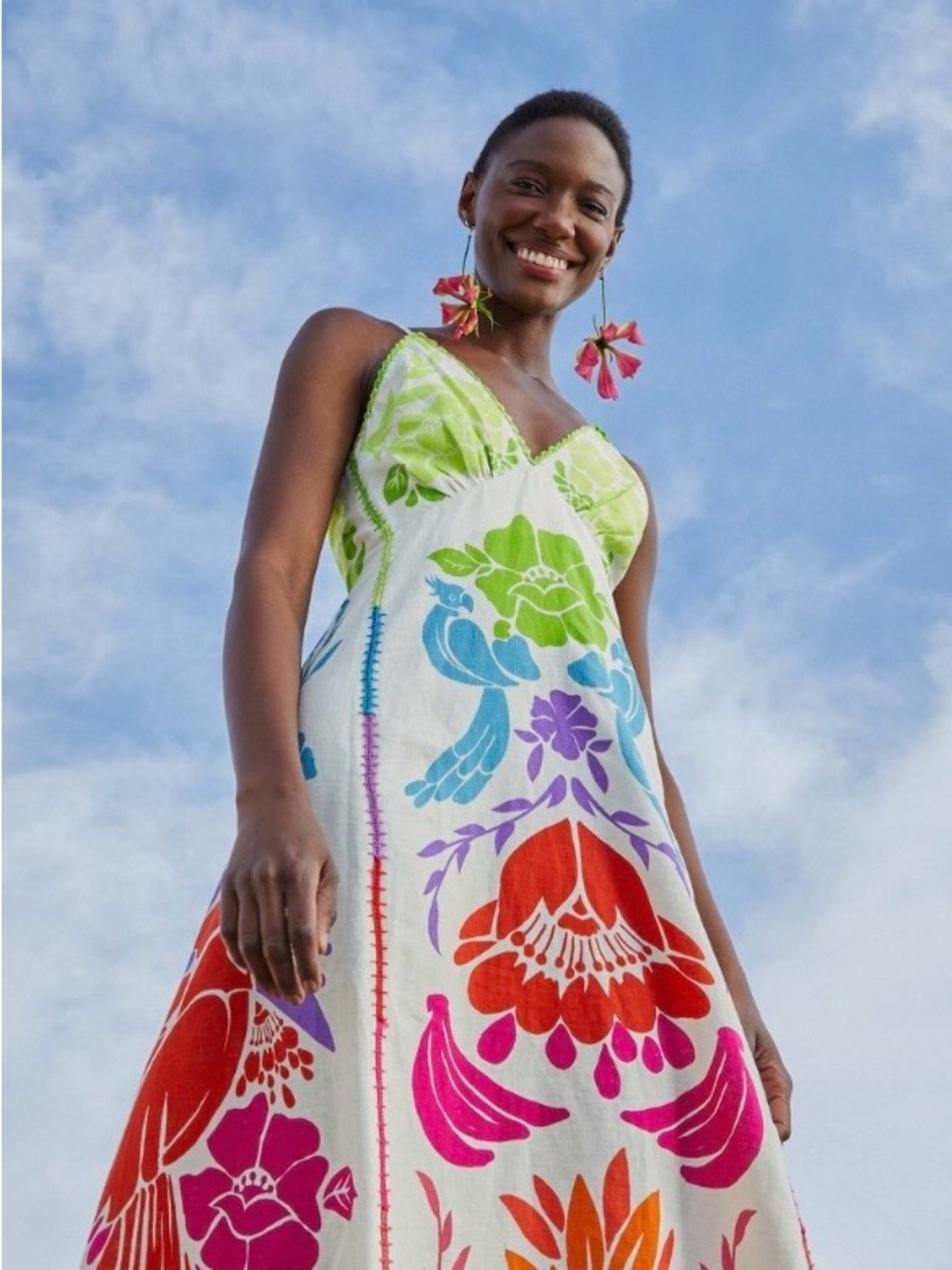 FARM Rio White Maxi Dress with Green Bodice and Multicolor Floral Motifs - Picture 2 of 14